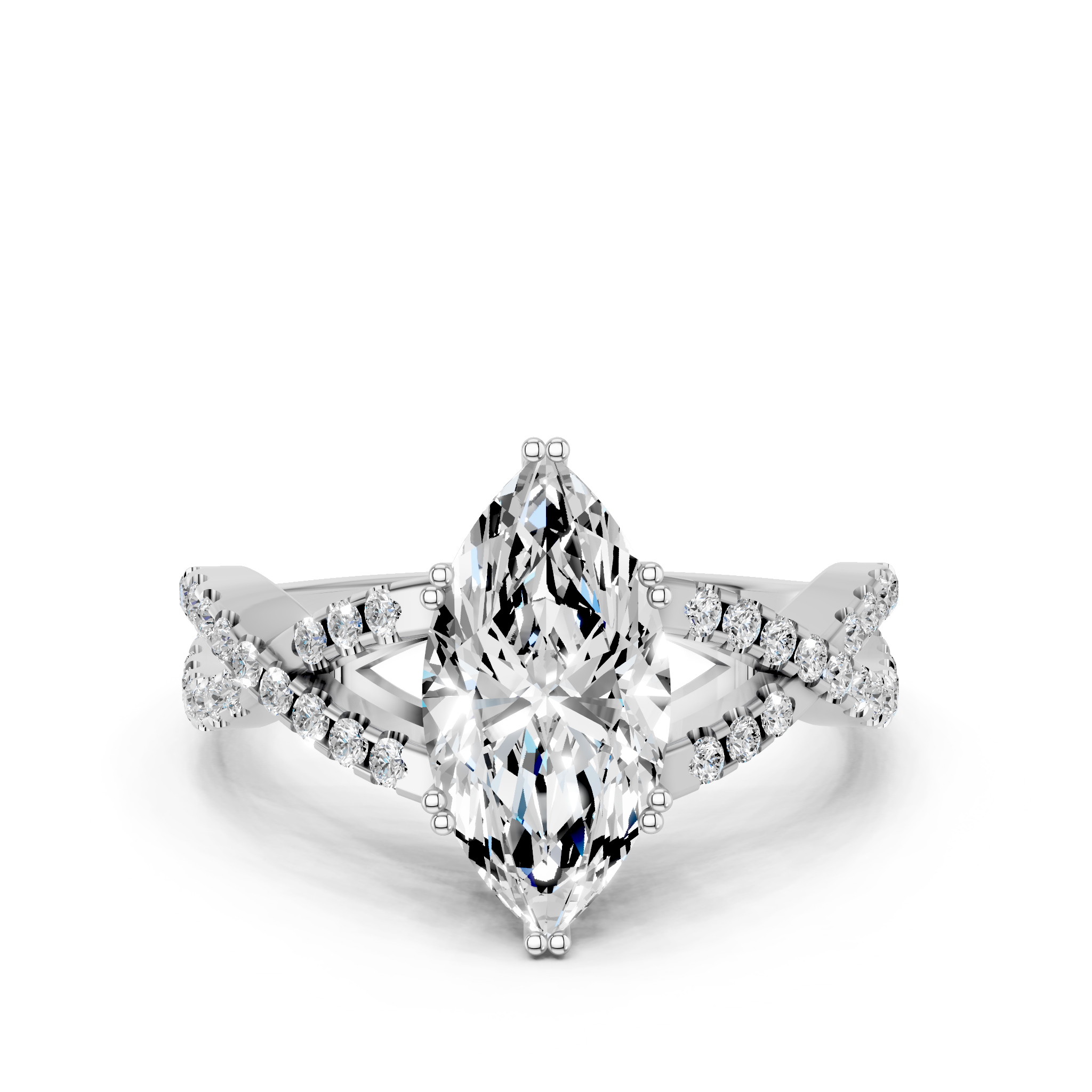White gold Marquise Solitaire Twist Band with Pavé Setting and Four-Prong Setting_30