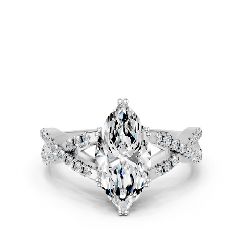 White gold Marquise Solitaire Twist Band with Pavé Setting and Four-Prong Setting_30