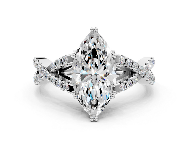 10K White Gold 2.05 Carat E VVS2 Marquise Diamond Solitaire Ring with Four-Prong Setting and Twisted Pavé Band
