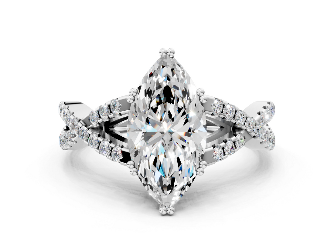 Silver 2.01 Carat E VS1 Marquise Diamond Solitaire Ring with Four-Prong Setting and Twisted Pavé Band