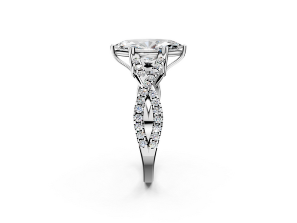 Silver 2.01 Carat E VS1 Marquise Diamond Solitaire Ring with Four-Prong Setting and Twisted Pavé Band
