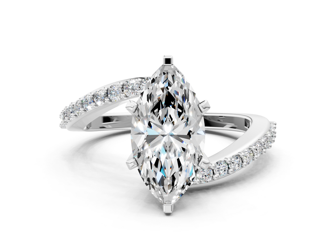 White gold Marquise Solitaire Twist Band with Pave Set Diamonds and Four-Prong Setting_146