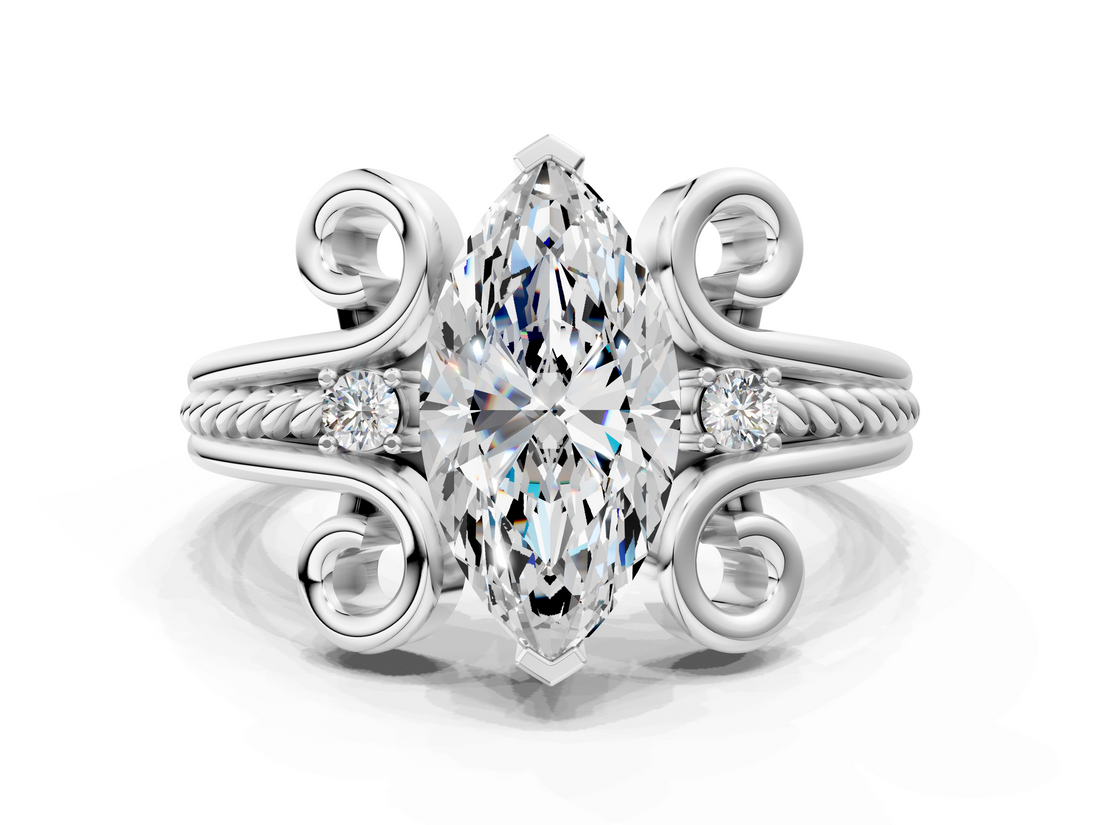 White gold Marquise Solitaire Twisted Band Scroll Prong Ring_45