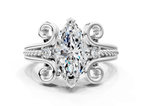 White gold Marquise Solitaire Twisted Band Scroll Prong Ring