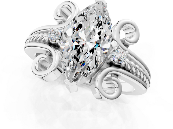 White gold Marquise Solitaire Twisted Band Scroll Prong Ring