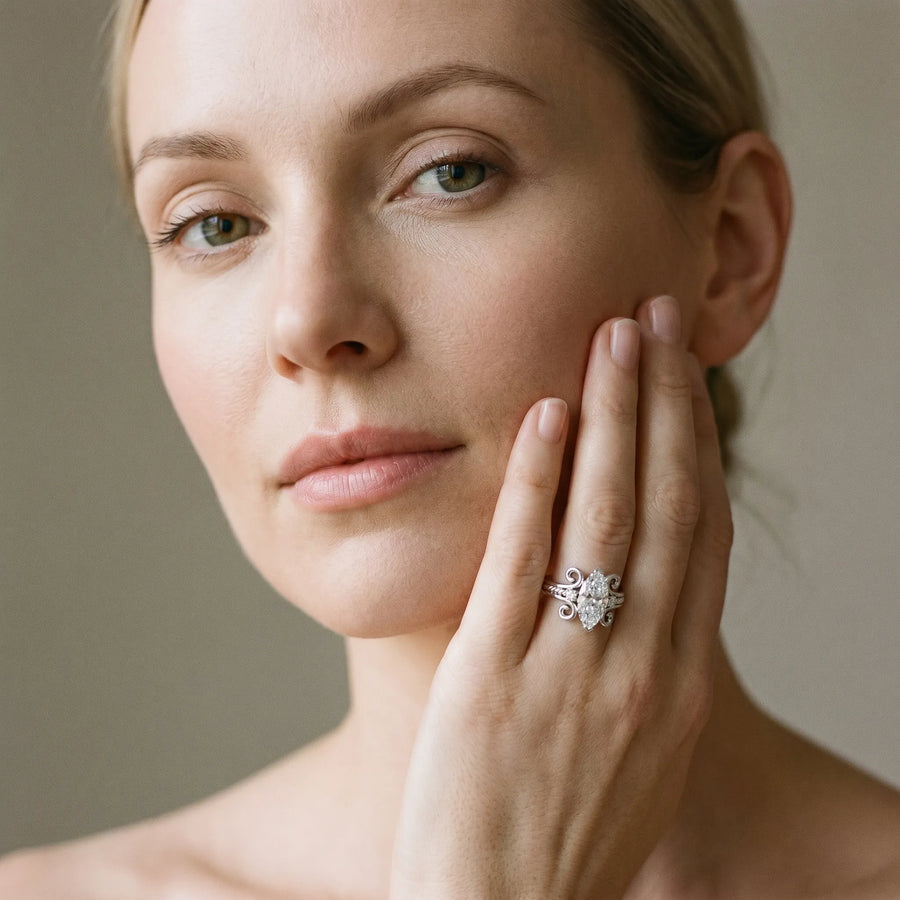 White gold Marquise Solitaire Twisted Band Scroll Prong Ring