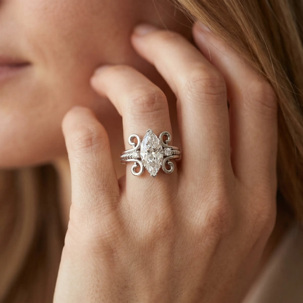 White gold Marquise Solitaire Twisted Band Scroll Prong Ring