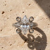 White gold Marquise Solitaire Twisted Band Scroll Prong Ring_65
