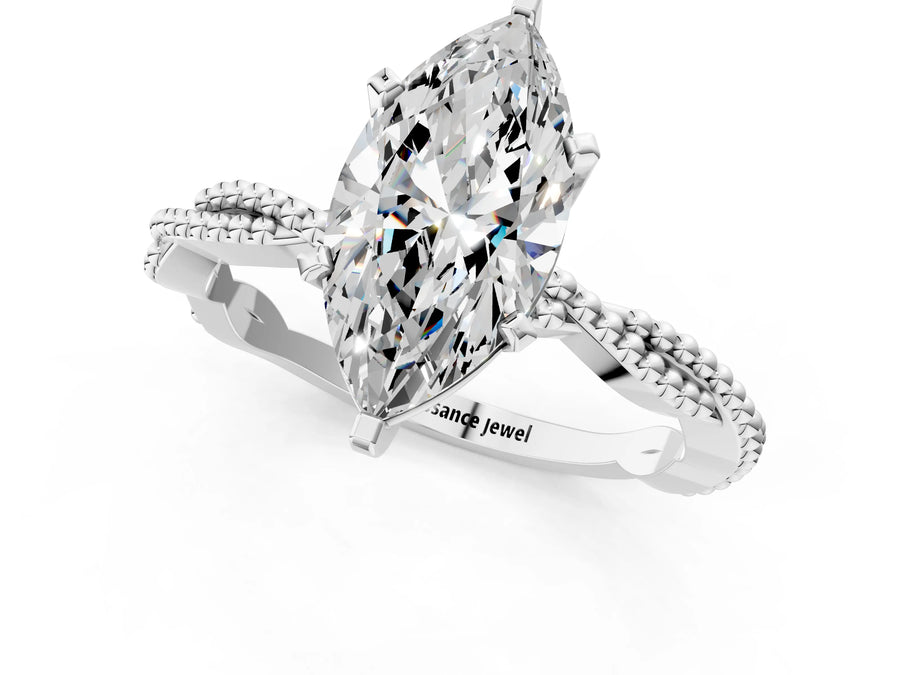 White gold Marquise Solitaire Twisted Band with Bead Prong Setting