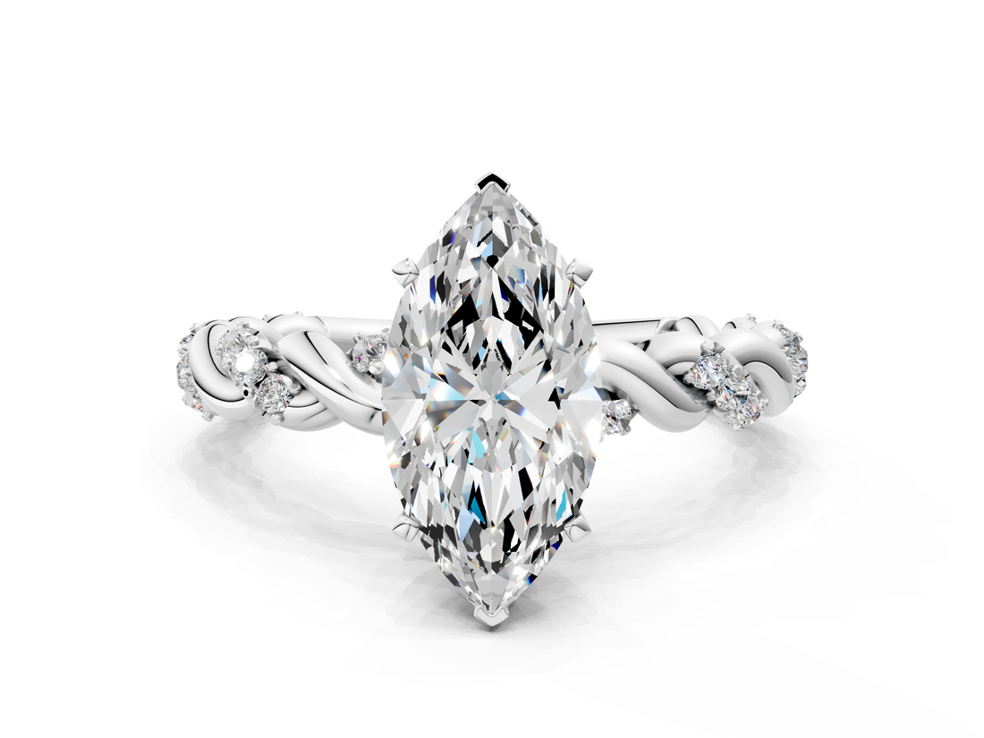 White gold Marquise Solitaire Twisted Band with Pavé Accents and Four-Prong Setting_46
