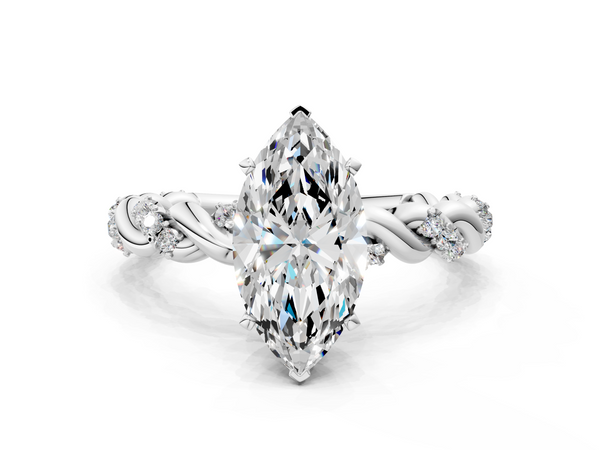 Platinum 3.53 Carat D VVS2 Marquise Diamond Solitaire Ring with Twisted Band and Pavé Accents