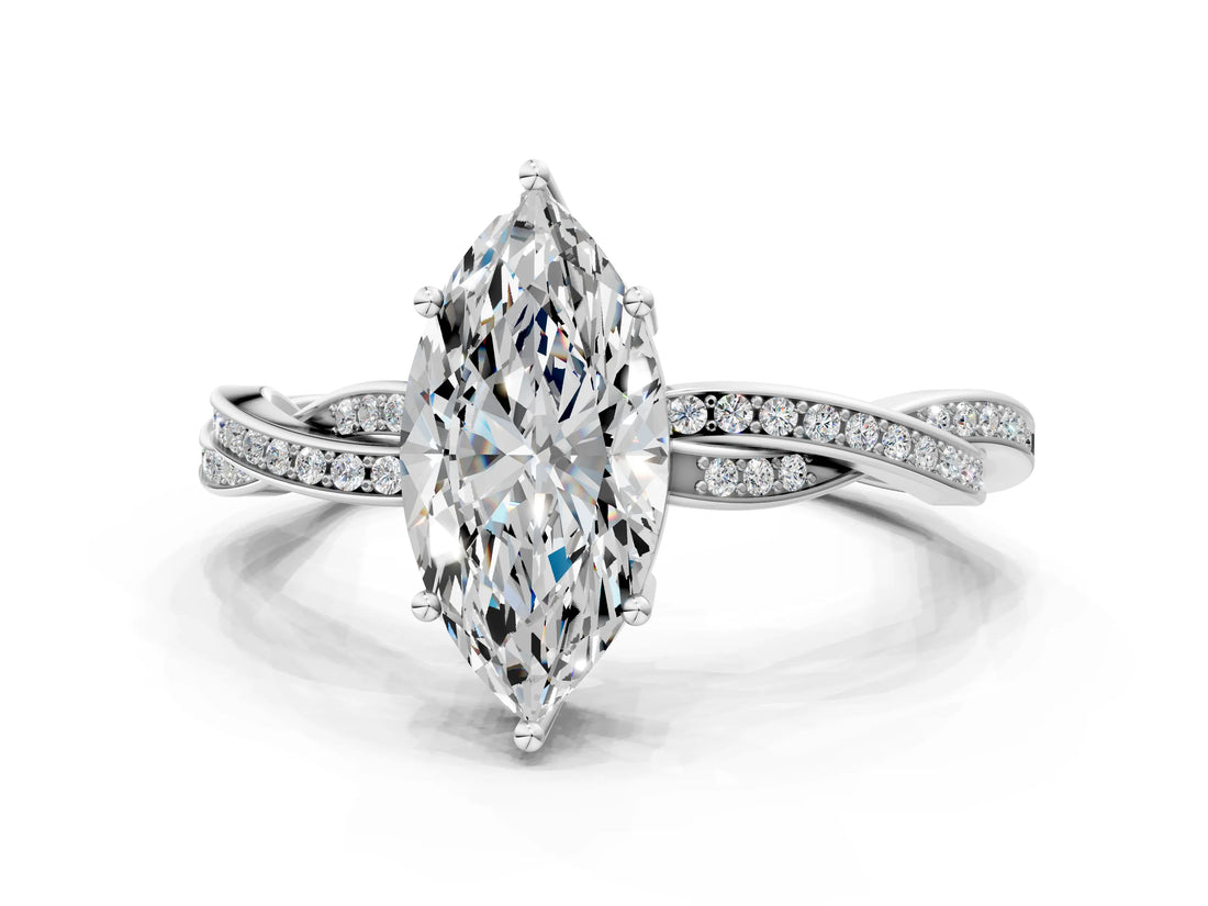 White gold Marquise Solitaire Twisted Pave Diamond Ring with Four-Prong Setting_158