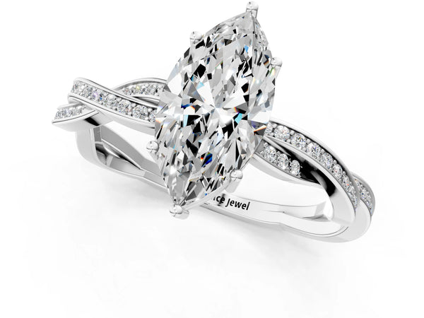 White Gold Marquise Solitaire Engagement Ring Setting with Twisted Pave Band