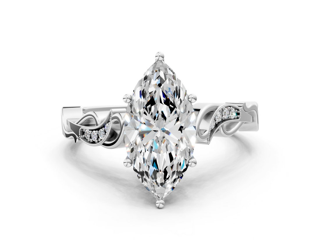 White gold Marquise Solitaire Vine Band with Milgrain Prong Setting_24