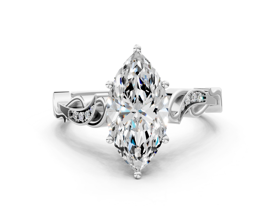 White gold Marquise Solitaire Vine Band with Milgrain Prong Setting