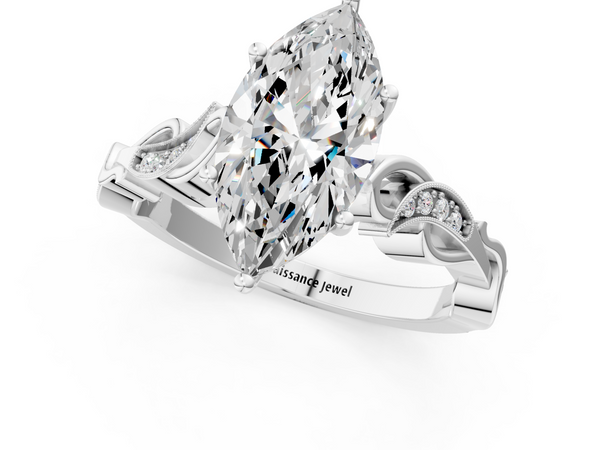 White gold Marquise Solitaire Vine Band with Milgrain Prong Setting