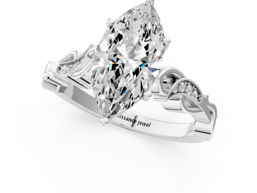 White gold Marquise Solitaire Vine Band with Milgrain Prong Setting