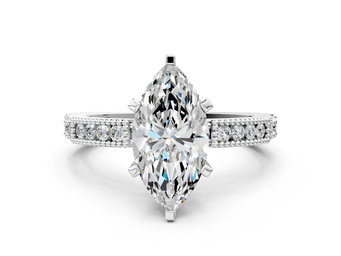 White gold Marquise Solitaire with Pavé Band and Four-Prong Setting_352
