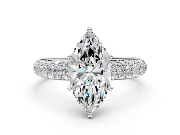 White gold Marquise Diamond Solitaire Ring with Prong Setting and Pavé Band