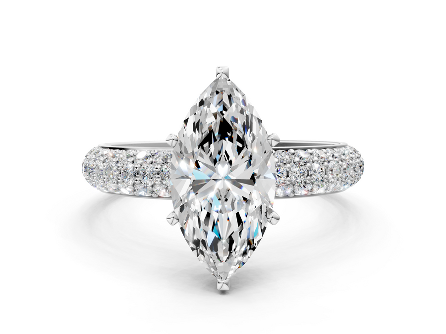 White gold Marquise Diamond Solitaire Ring with Prong Setting and Pavé Band