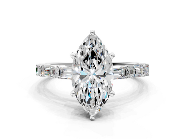 White Gold Marquise Engagement Ring Setting with Baguette Side Stones and Mixed Accent Band