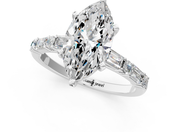White Gold Marquise Engagement Ring Setting with Baguette Side Stones and Mixed Accent Band