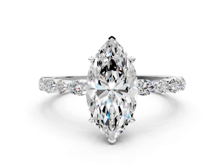 White gold Marquise Solitaire with Side Stones on a Pavé Band and Four-Prong Setting