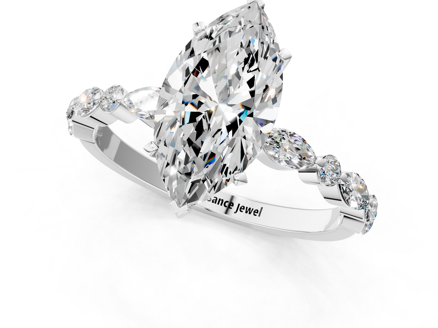 White gold Marquise Solitaire with Side Stones on a Pavé Band and Four-Prong Setting