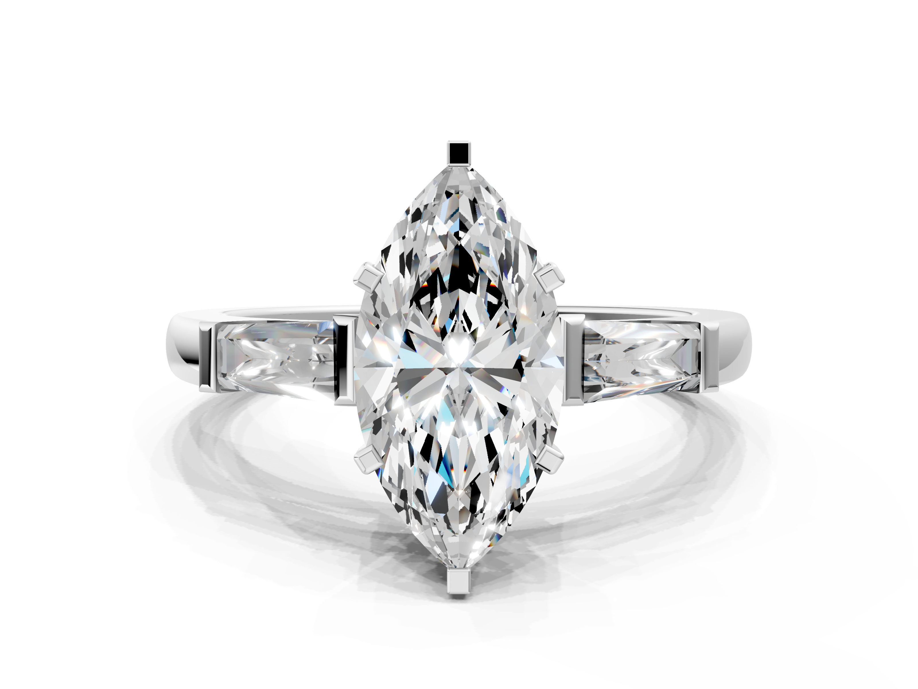 White gold Marquise Solitaire with Tapered Baguette Side Stones on a Classic Band with Four-Prong Setting_135