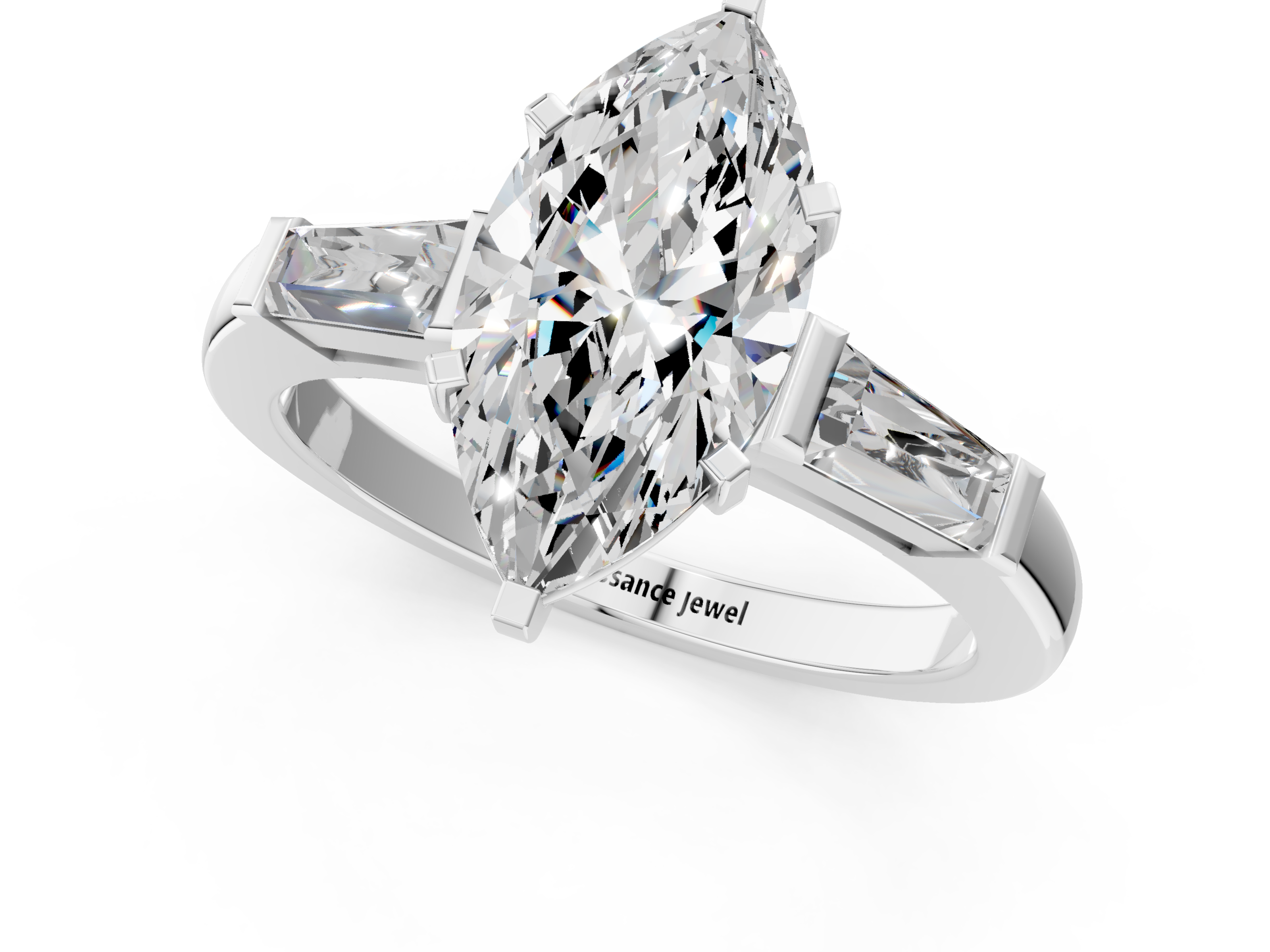 White gold Marquise Solitaire with Tapered Baguette Side Stones on a Classic Band with Four-Prong Setting_136