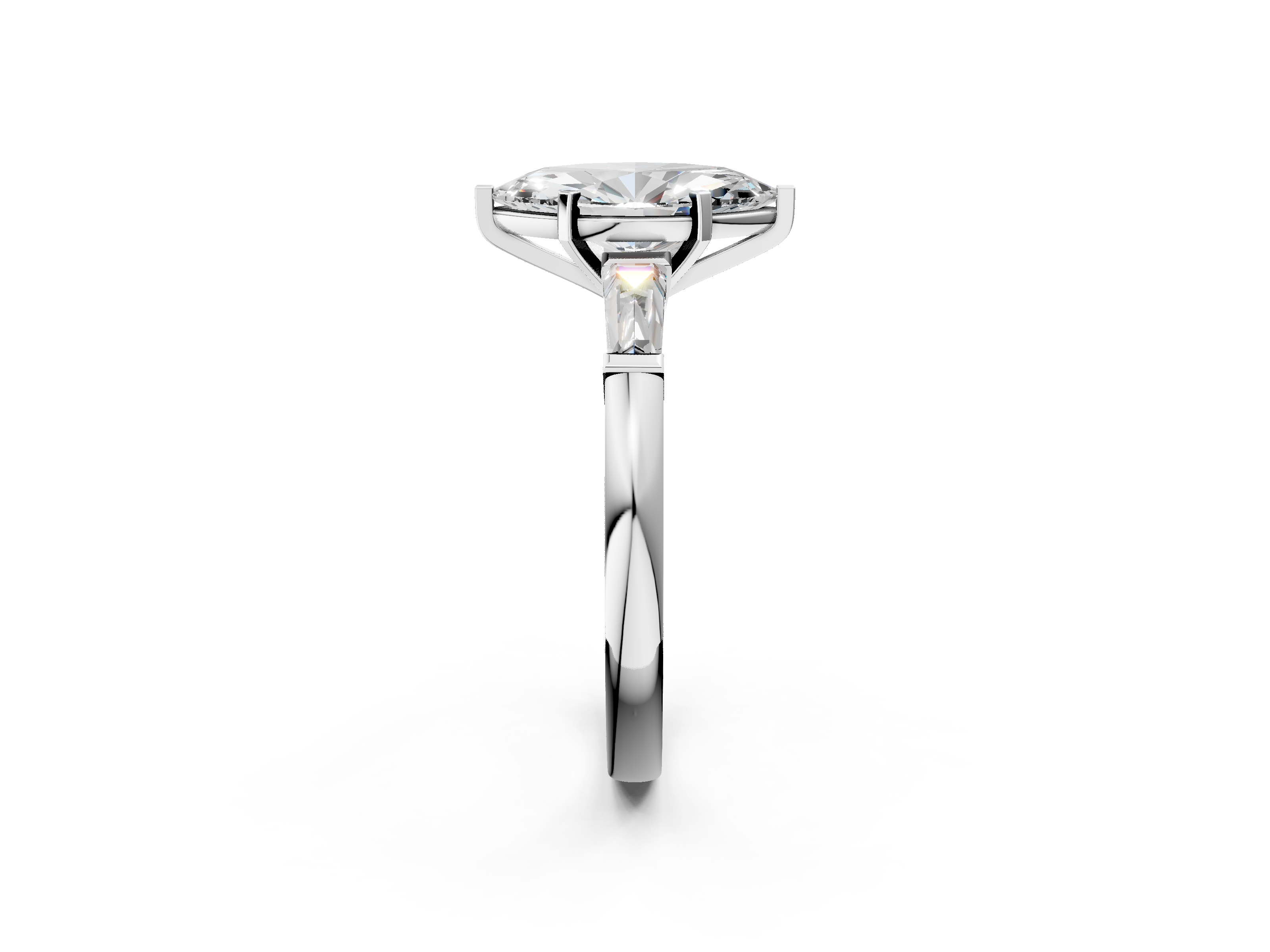 White gold Marquise Solitaire with Tapered Baguette Side Stones on a Classic Band with Four-Prong Setting_137