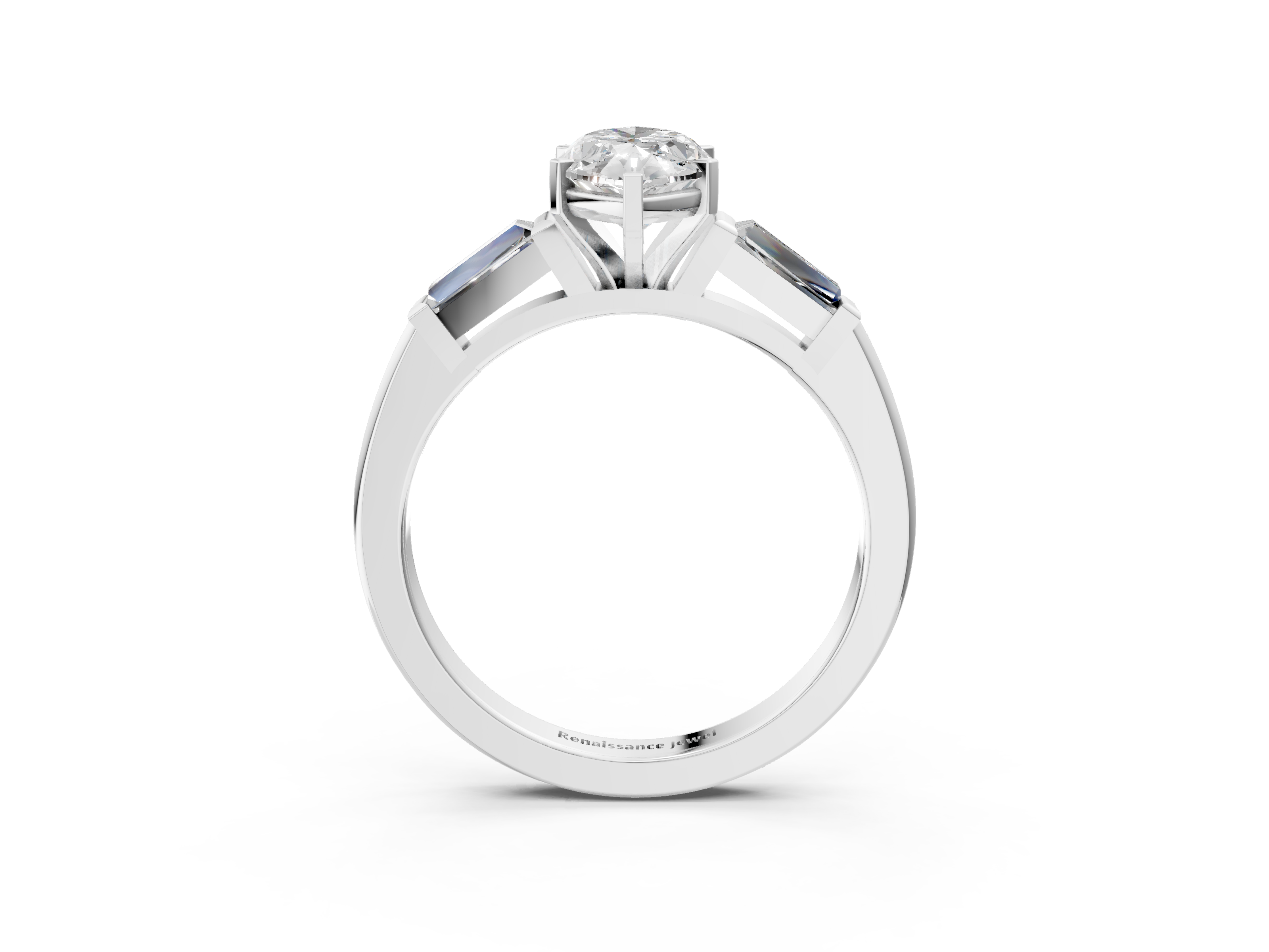 White gold Marquise Solitaire with Tapered Baguette Side Stones on a Classic Band with Four-Prong Setting_138