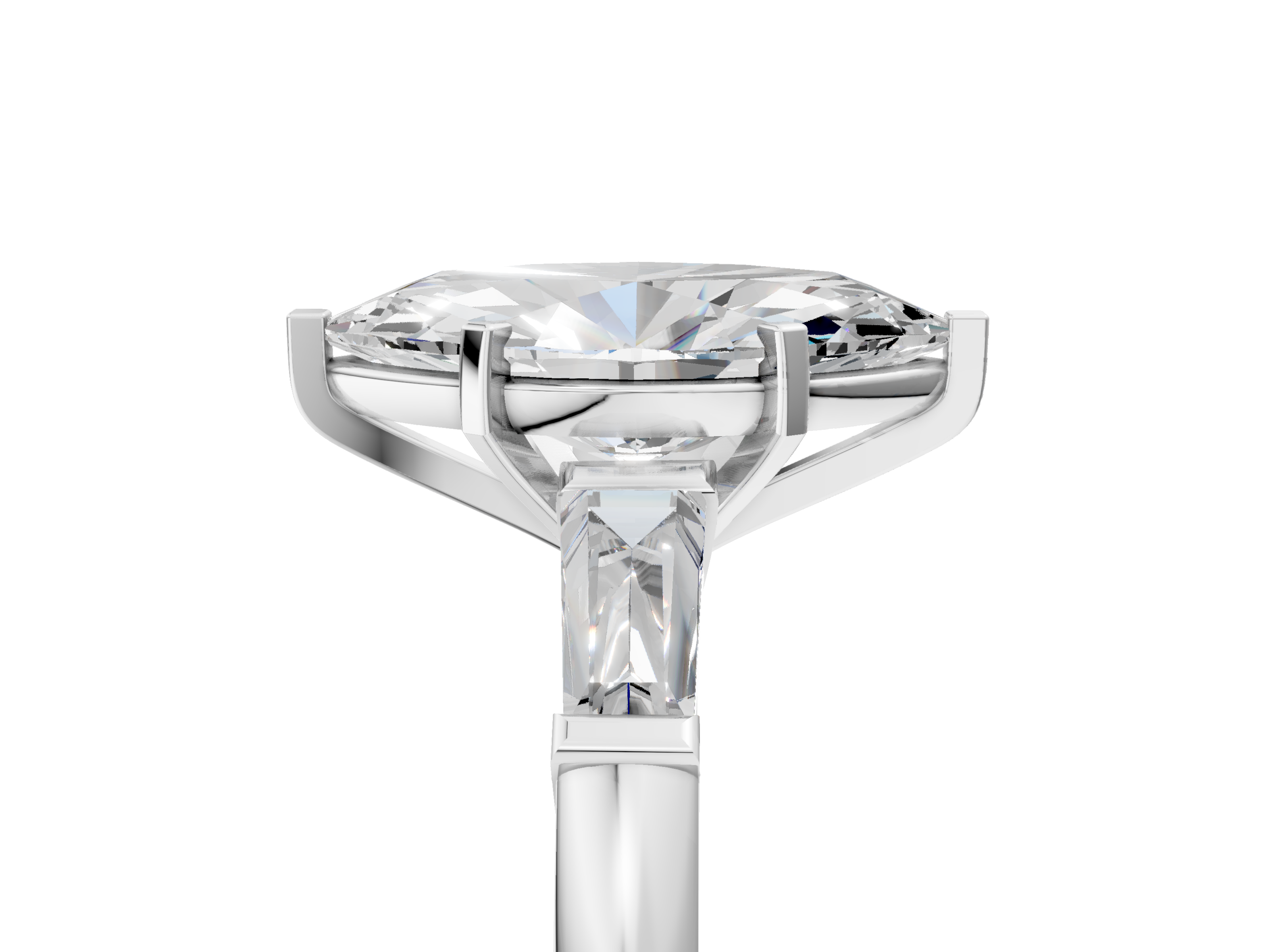 White gold Marquise Solitaire with Tapered Baguette Side Stones on a Classic Band with Four-Prong Setting_140