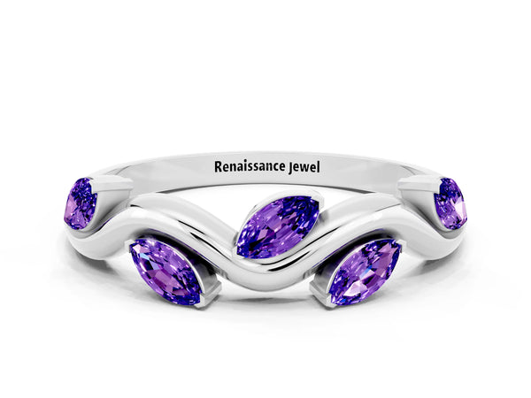 Platinum Marquise Tanzanite Twisted Vine Wedding Band with Leaf-Set Stones
