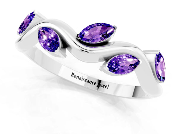 Platinum Marquise Tanzanite Twisted Vine Wedding Band with Leaf-Set Stones