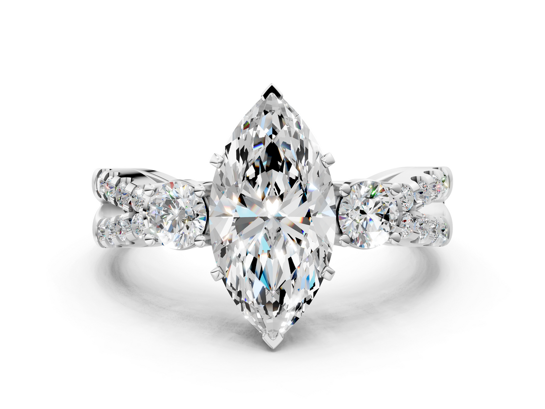 White gold Marquise Three-Stone Diamond Ring with Pavé Split Shank and Four-Prong Setting_100