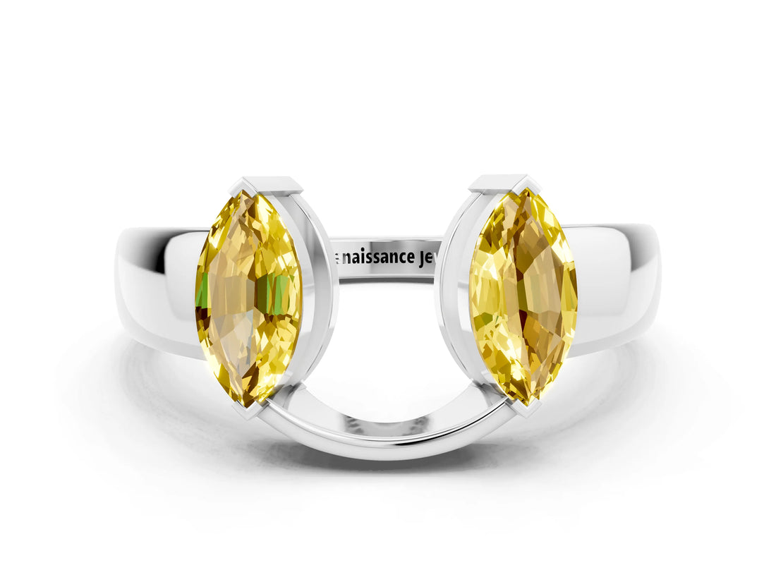 White gold Marquise Yellow Sapphire Open Band Ring with Tension Setting_18