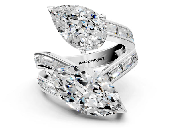 White gold Marquise and Pear Diamond Toi Moi Ring with Baguette Diamond Accents