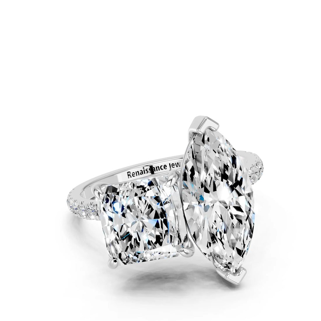 White gold Marquise and Princess Toi Moi Ring with Prong Setting and Pave Band