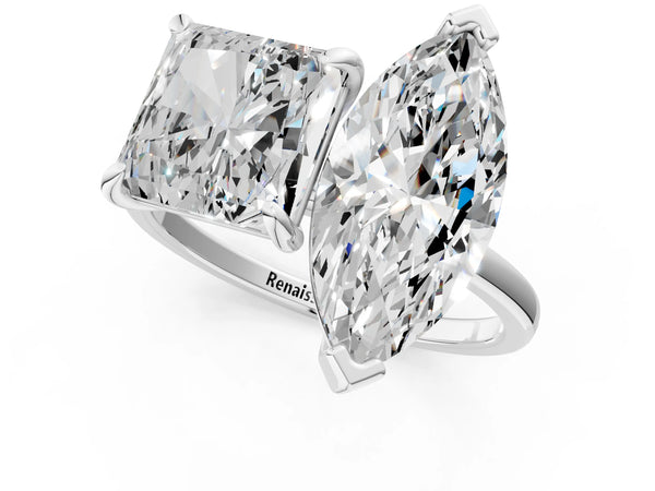 White gold Marquise and Princess Toi Moi Ring with Prong Setting and Plain Band