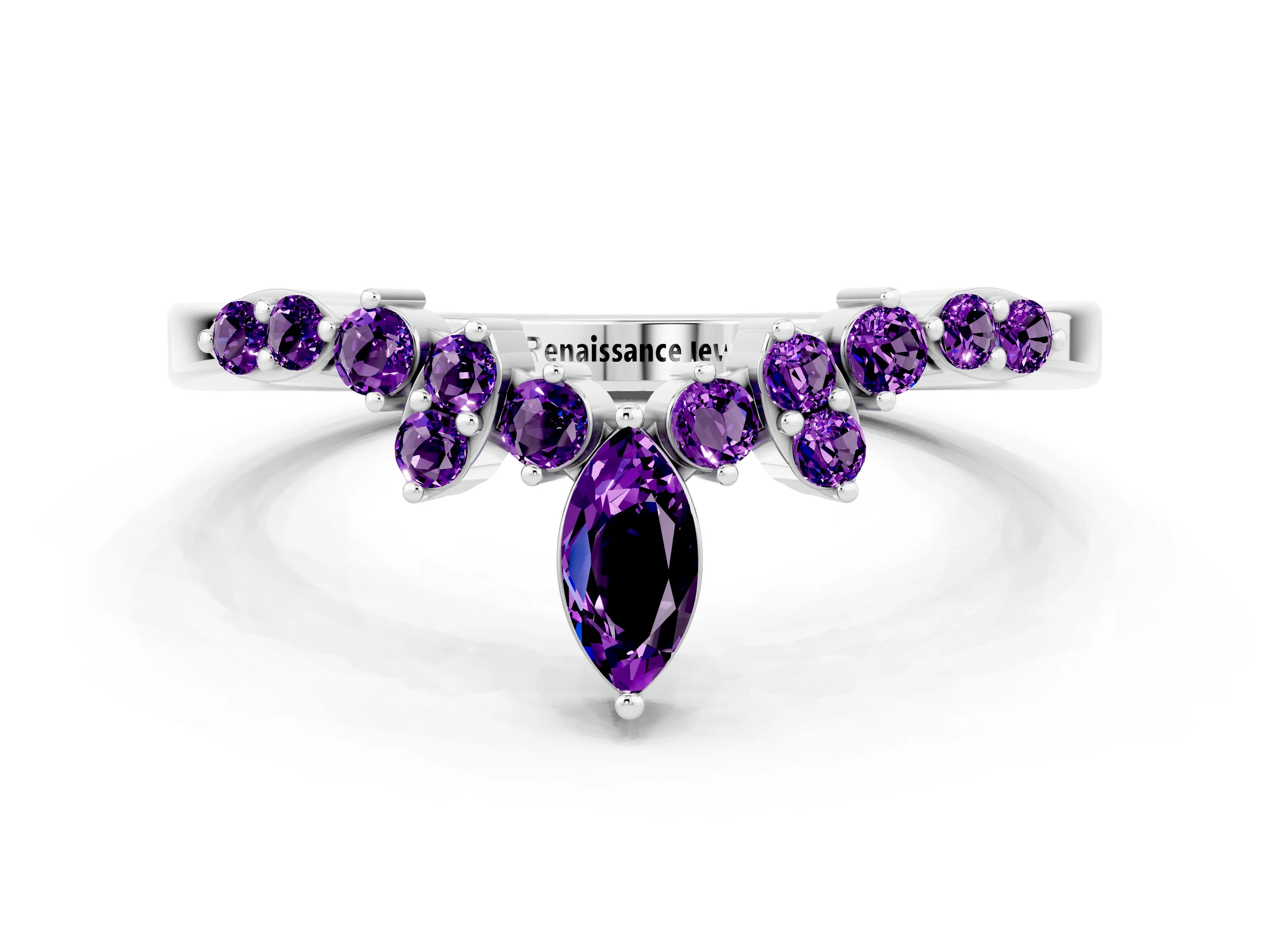 White gold Marquise and Round Amethyst Chevron Band with Prong Setting_6