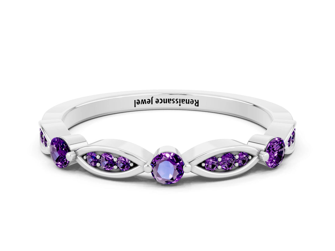 White gold Marquise and Round Amethyst Milgrain Band with Bezel Setting_6