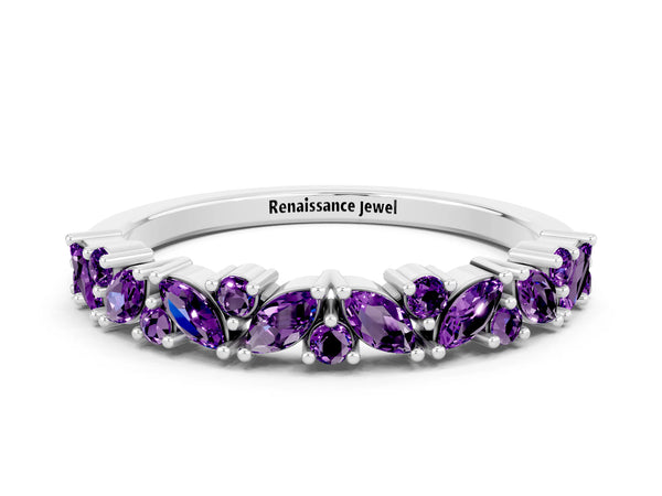 Platinum Marquise and Round Amethyst Vine Half Eternity Wedding Band