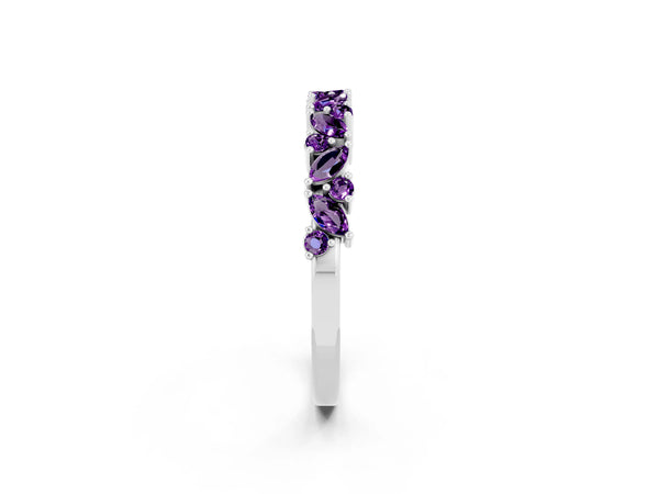 Platinum Marquise and Round Amethyst Vine Half Eternity Wedding Band