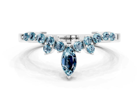 White gold Marquise and Round Aquamarine Chevron Band with Prong Setting_6