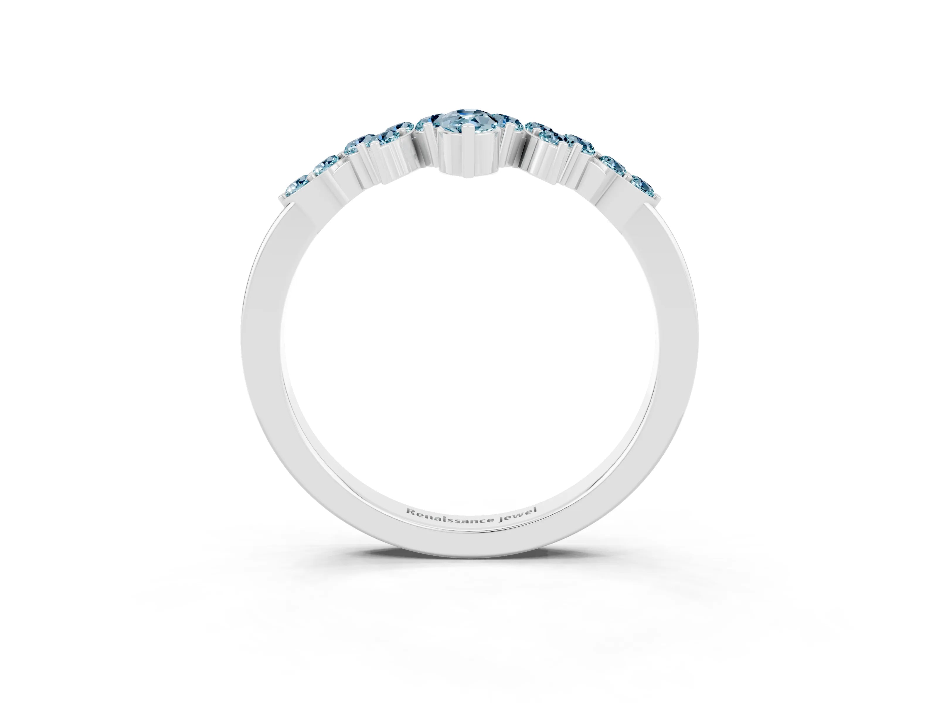 White gold Marquise and Round Aquamarine Chevron Band with Prong Setting_9