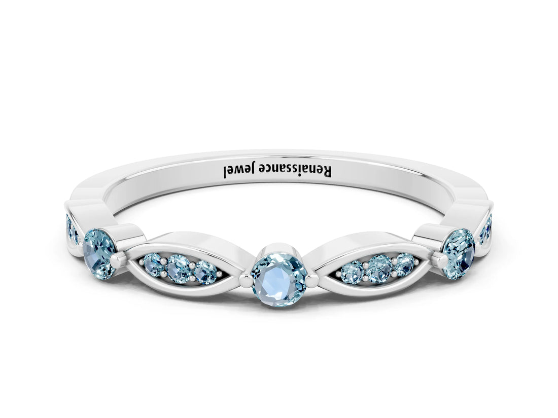 White gold Marquise and Round Aquamarine Milgrain Band with Bezel Setting_6