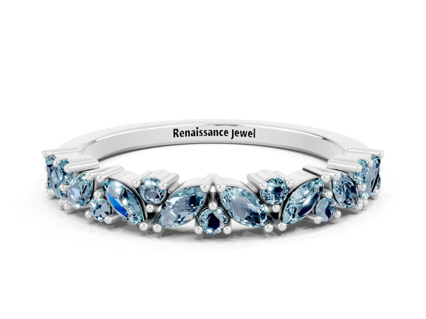 Sterling Silver Marquise and Round Aquamarine Vine Half Eternity Wedding Band