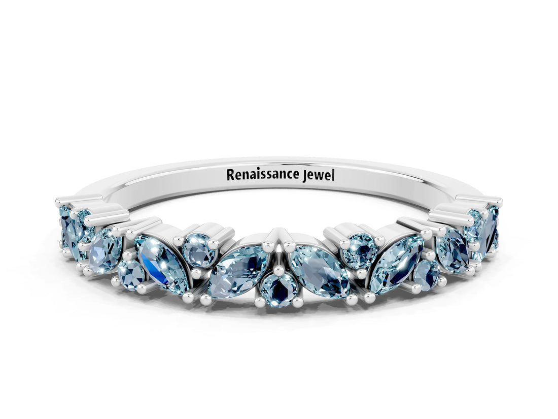 White gold Marquise and Round Aquamarine Vine Eternity Band with Prong Setting_6