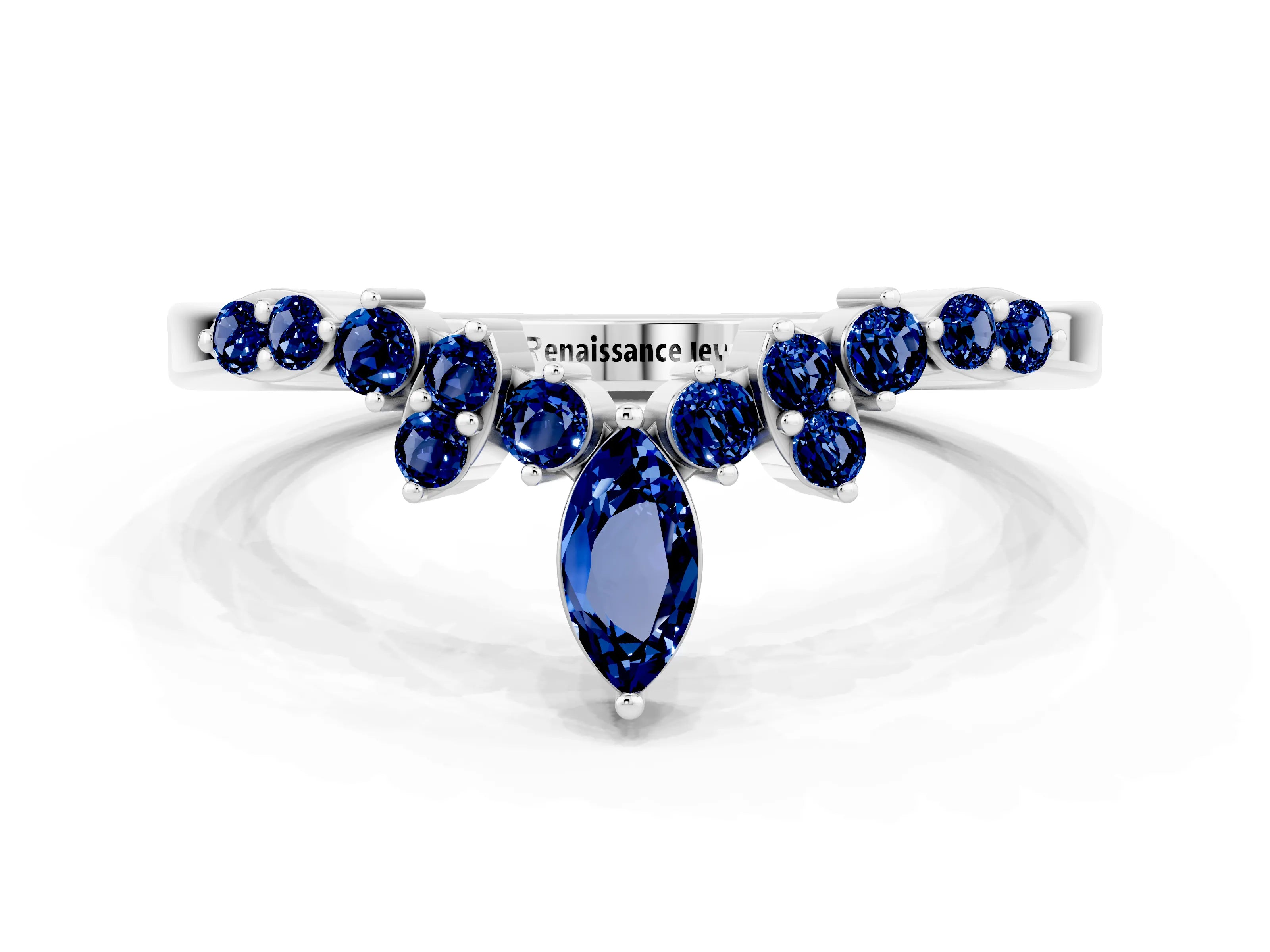 White gold Marquise and Round Blue Sapphire Chevron Band with Prong Setting_6